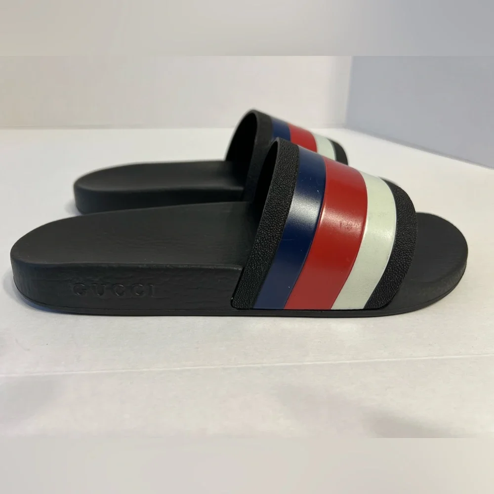 Gucci WEB RUBBER Slides IN BLACK Blue / Red & White Sandals men’s UK size 6‎